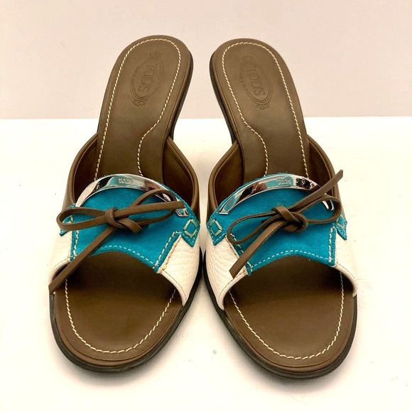 TOD'S Slides Heels Mules Womens 8.5 Brown Blue White Leather Open Toe‎ Slip on - Picture 3 of 11